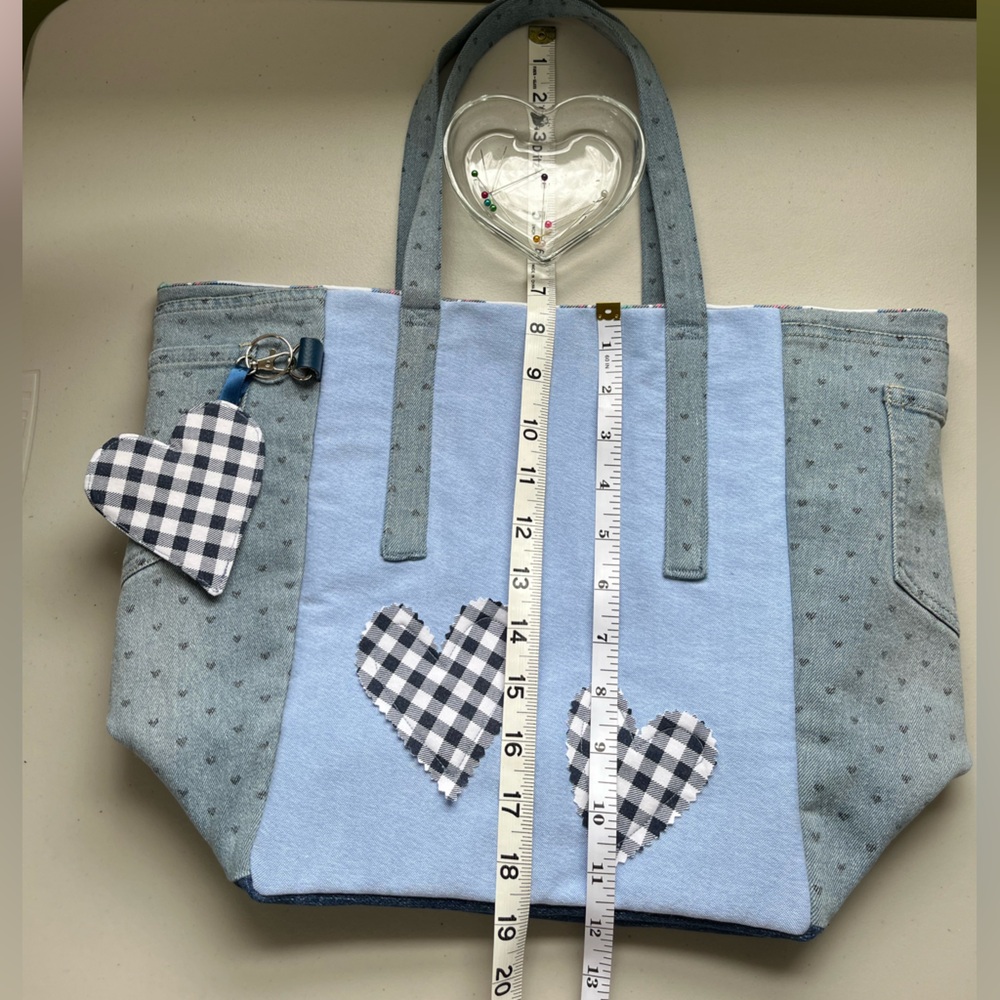 Handmade One Of A Kind Denim Heart Accents Upcycled Fabric Shoulder Tote Bag 💙 - Picture 10 of 11